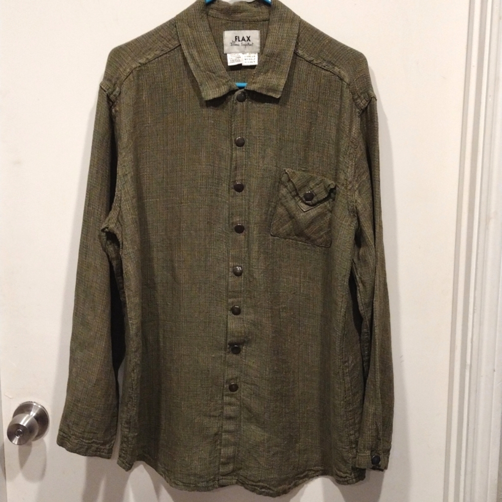 Flax By Jeanne Engelhart 100% Linen Moss Green Shirt Size S Vintage Lagenlook